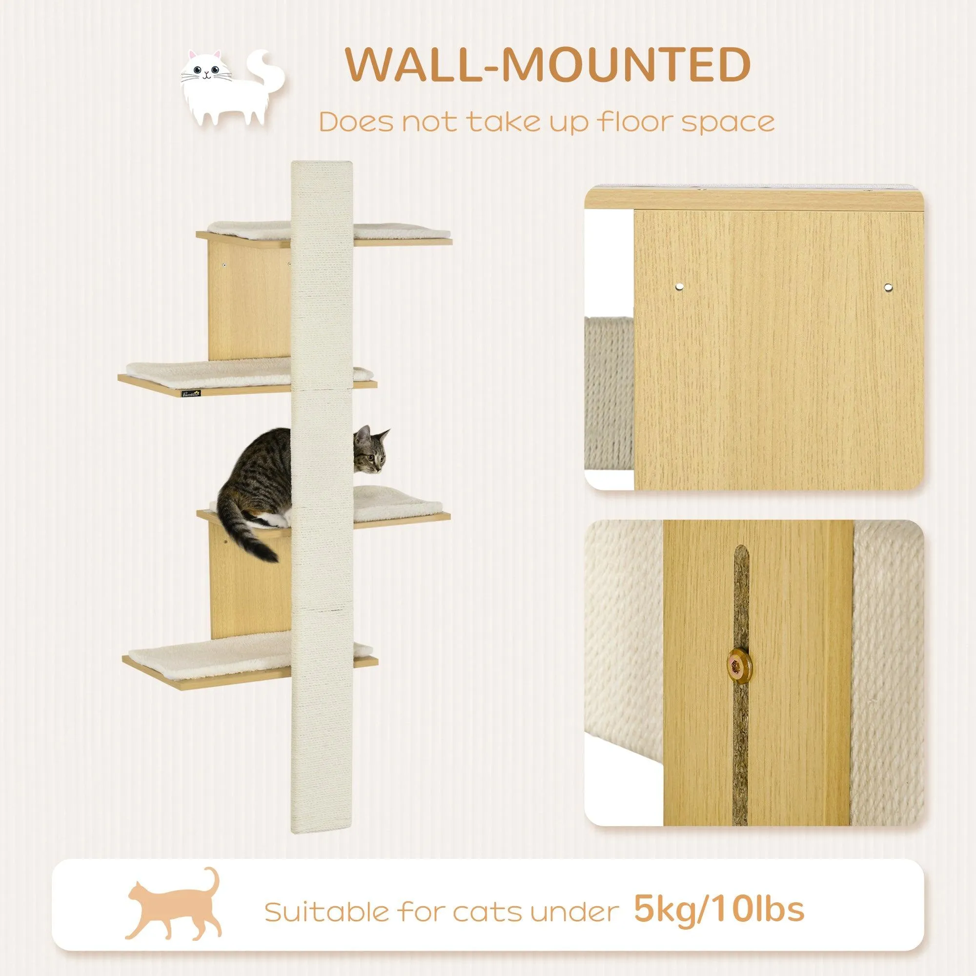4-Tier Space-Saving Oak Cat Wall Shelf