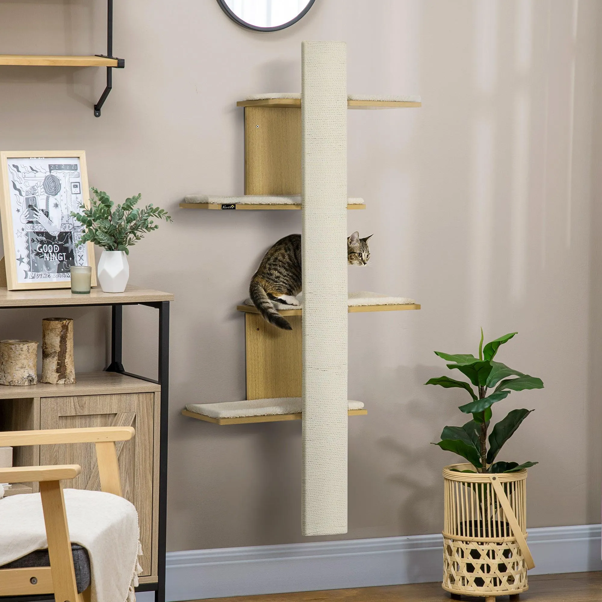 4-Tier Space-Saving Oak Cat Wall Shelf