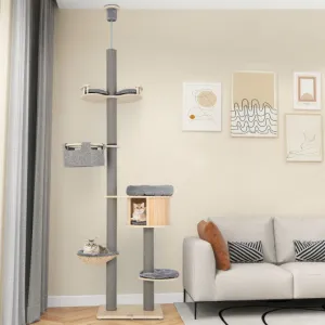 6-tier Floor-to-Ceiling Cat Tree 100-110 Inches Adjustable Height-Natural
