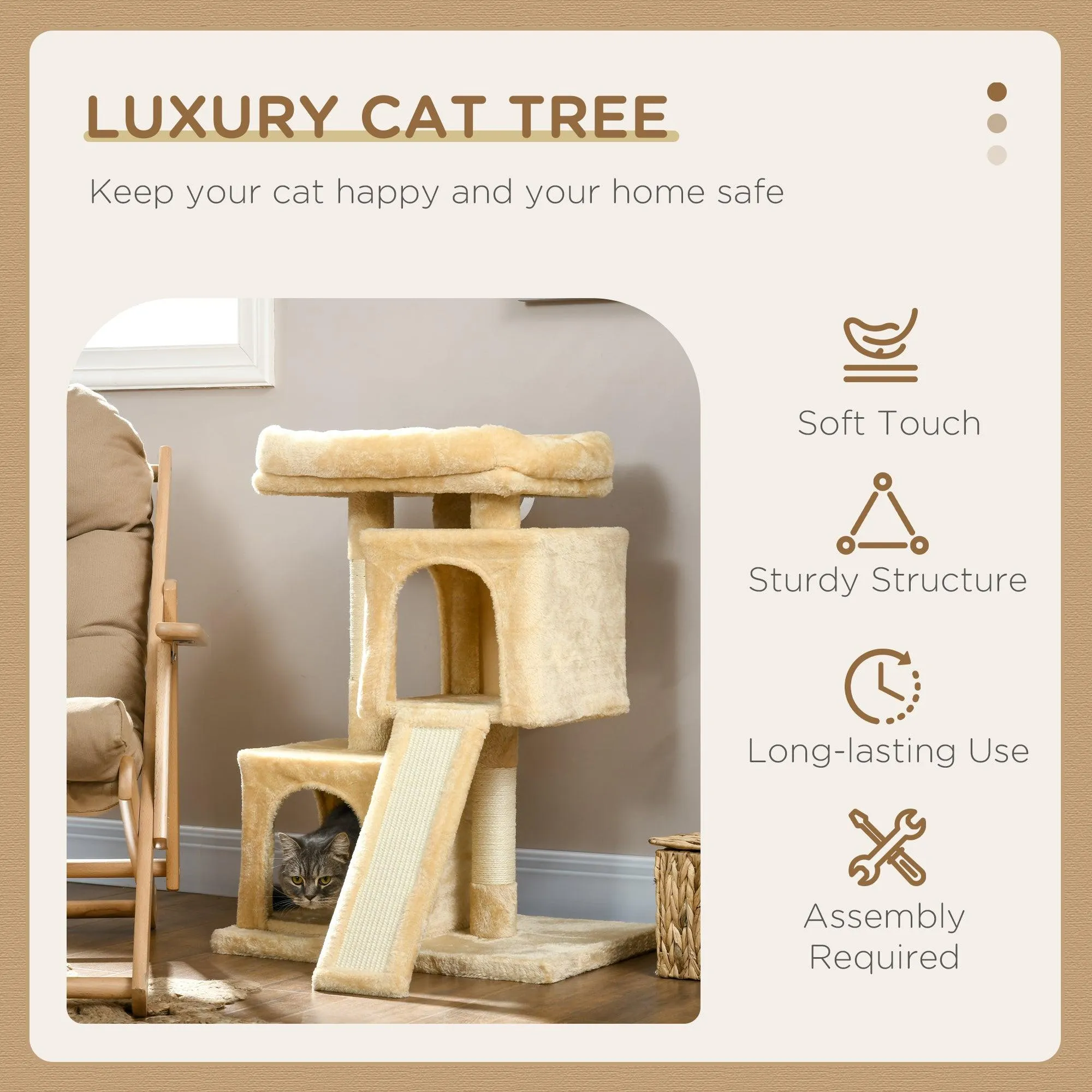 Cat Activity Tree with 2 Houses, 83cm - Cream White