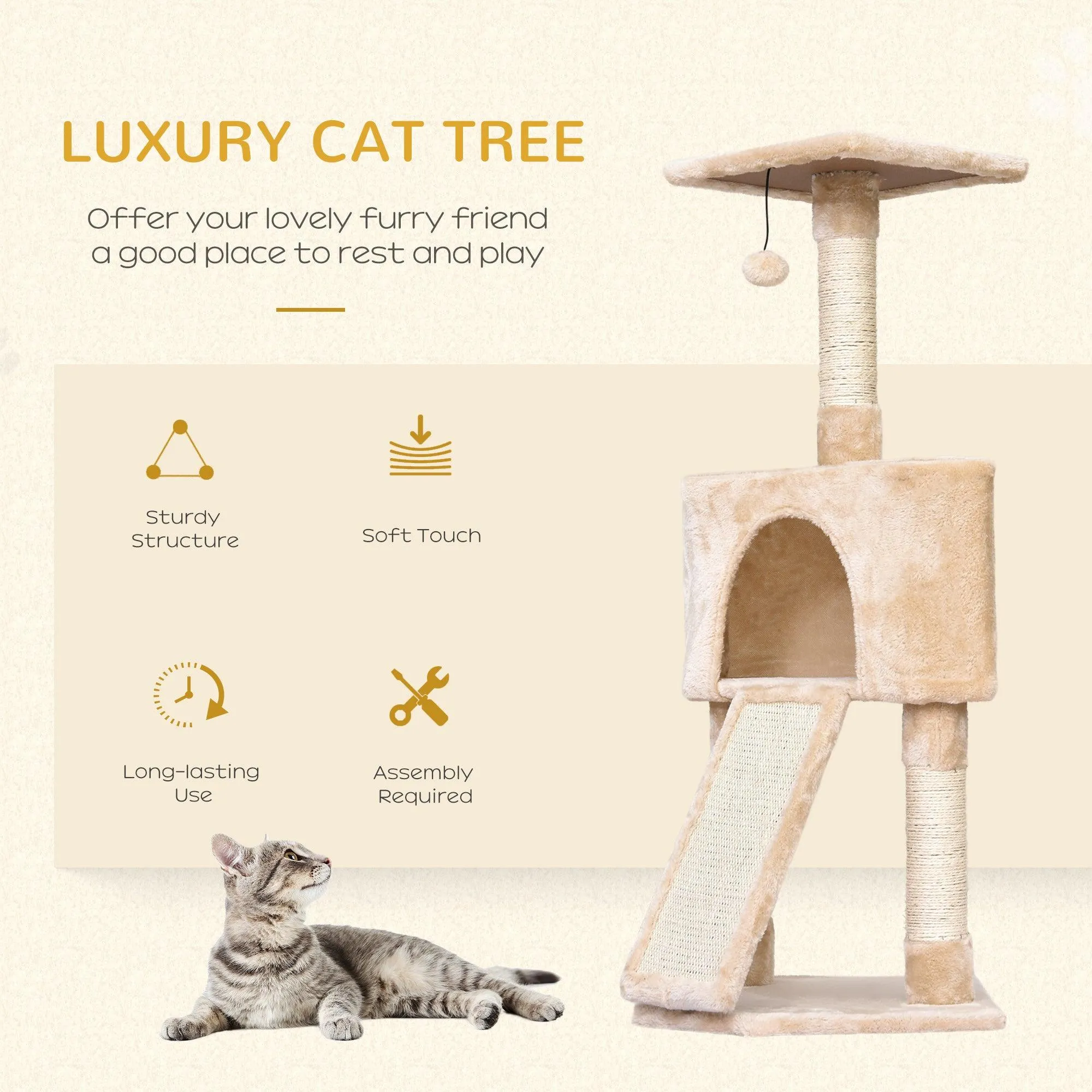 Corner Cat Tower w/ Sisal Rope Scratching Post - Beige