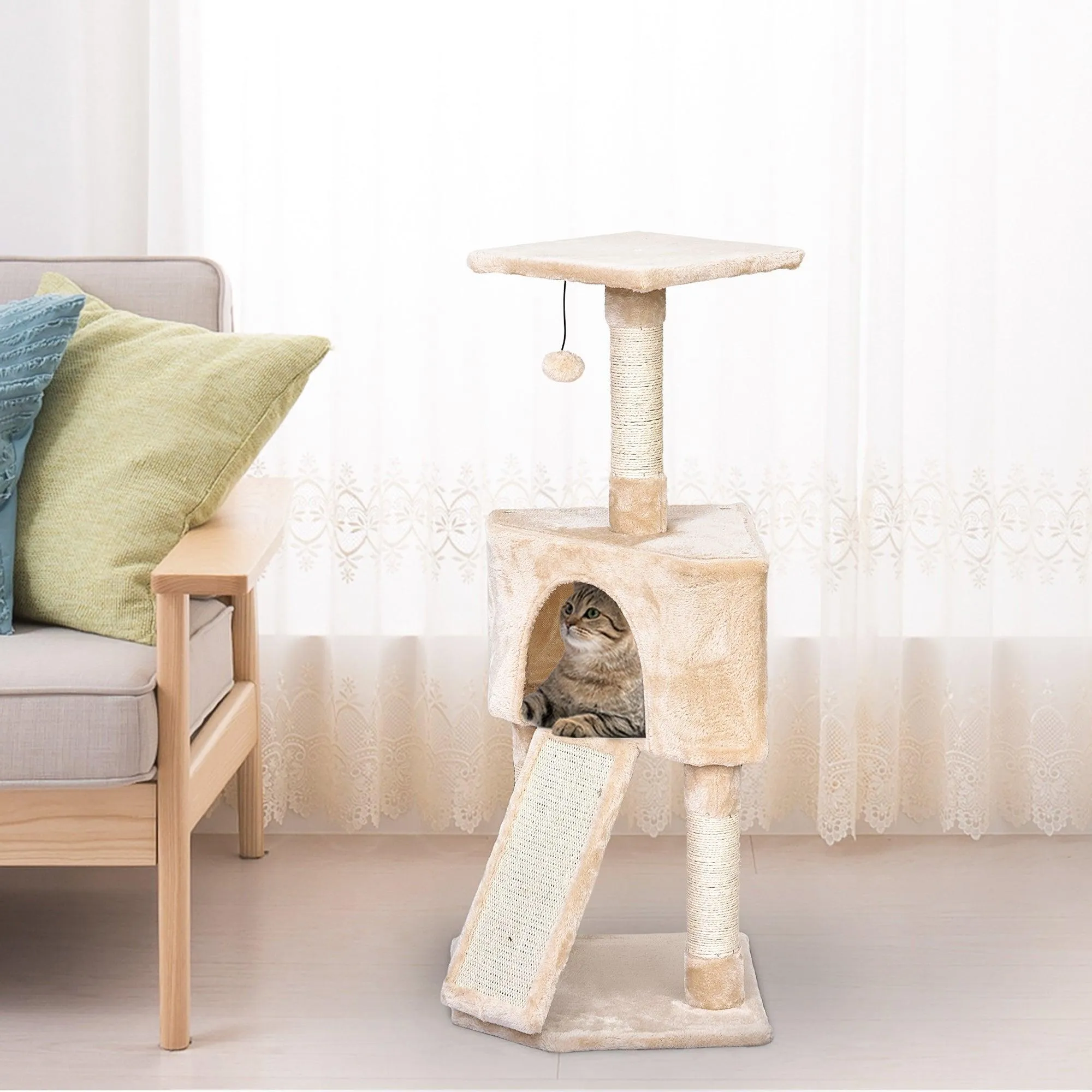 Corner Cat Tower w/ Sisal Rope Scratching Post - Beige