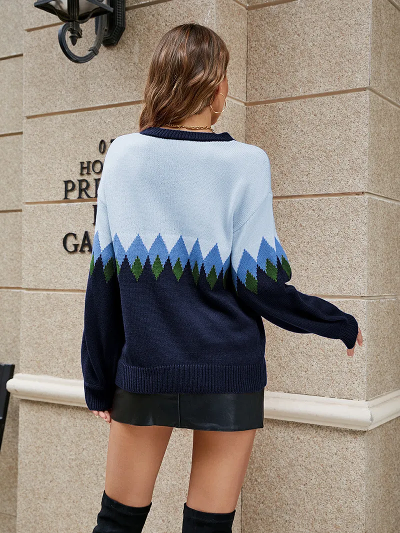 Diamond Loose Pullover Contrast Color Sweater