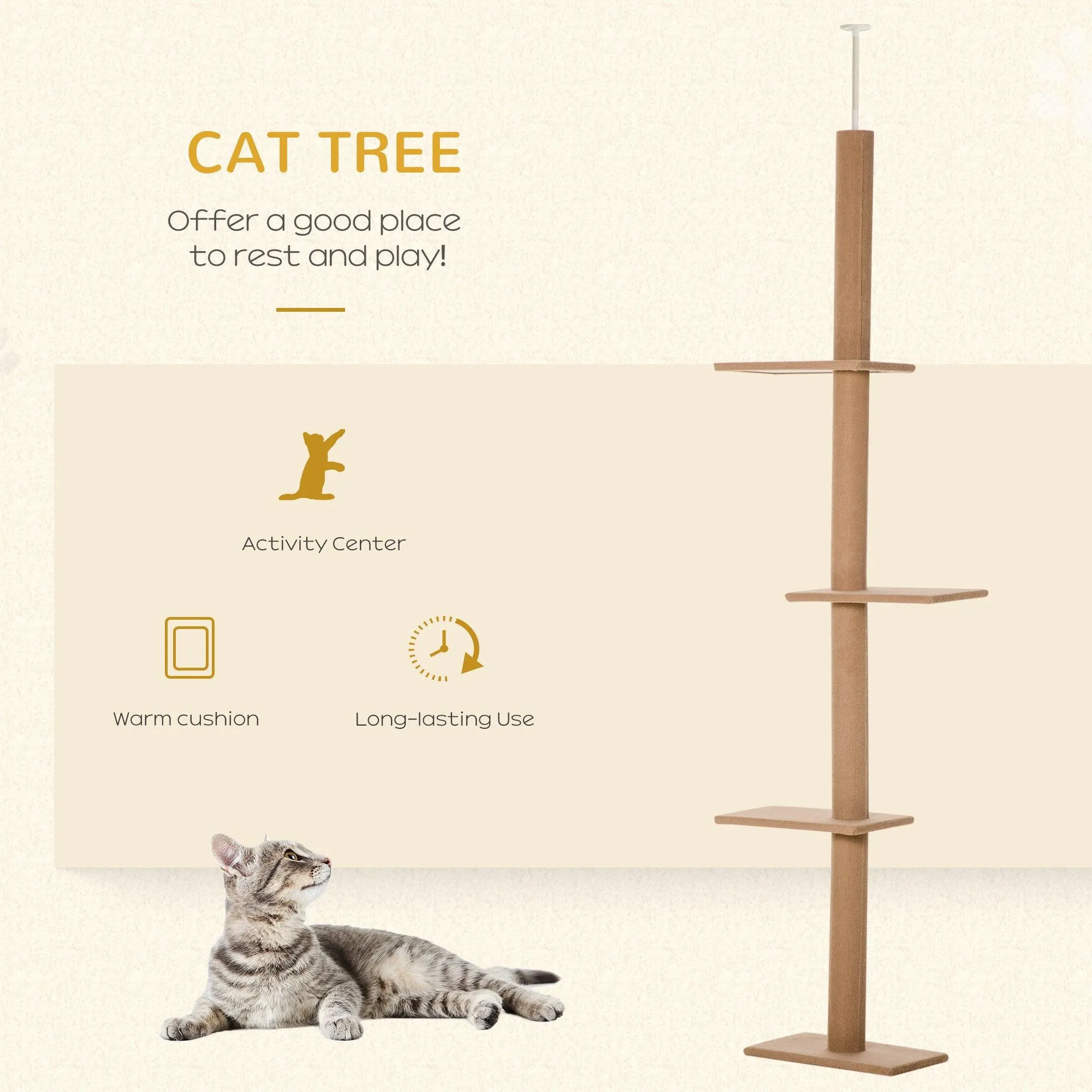 Floor-to-Ceiling Cat Tree, 260cm Tall - Brown