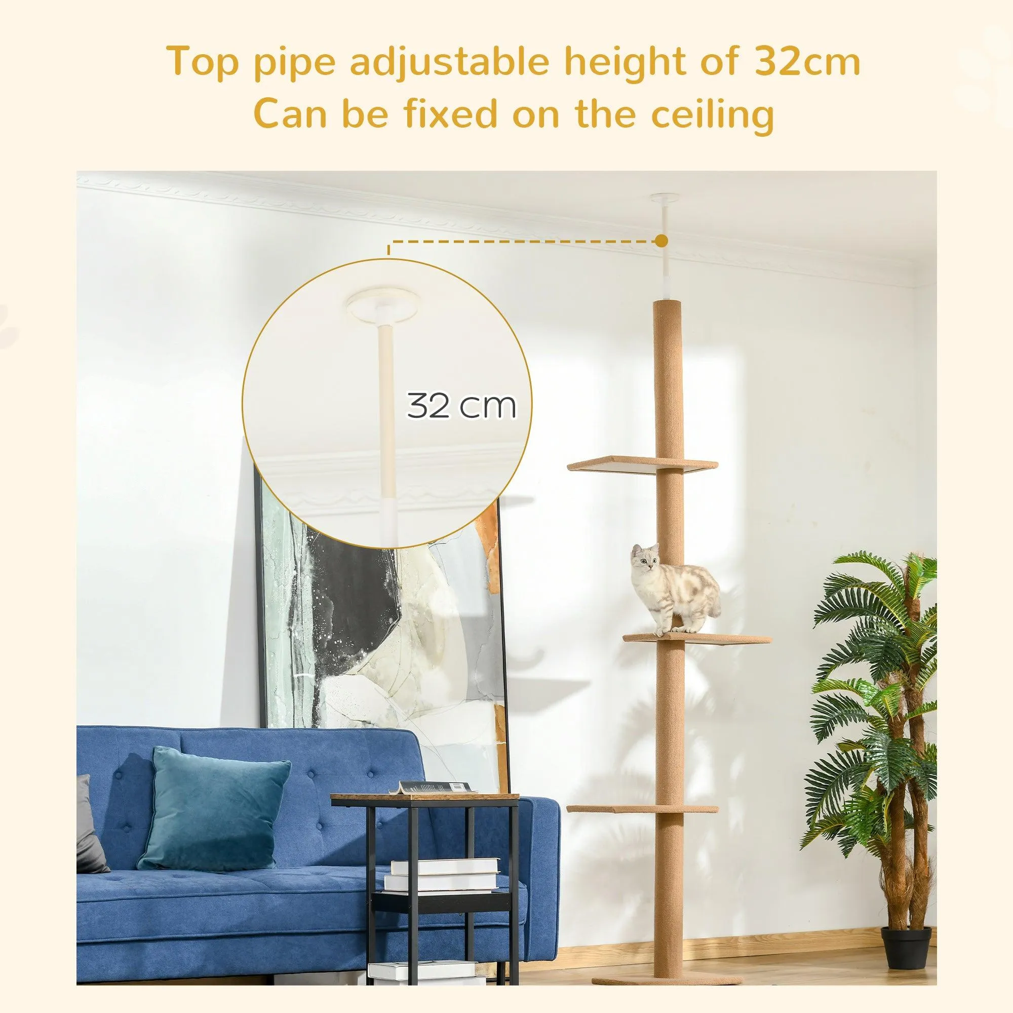 Floor-to-Ceiling Cat Tree, 260cm Tall - Brown