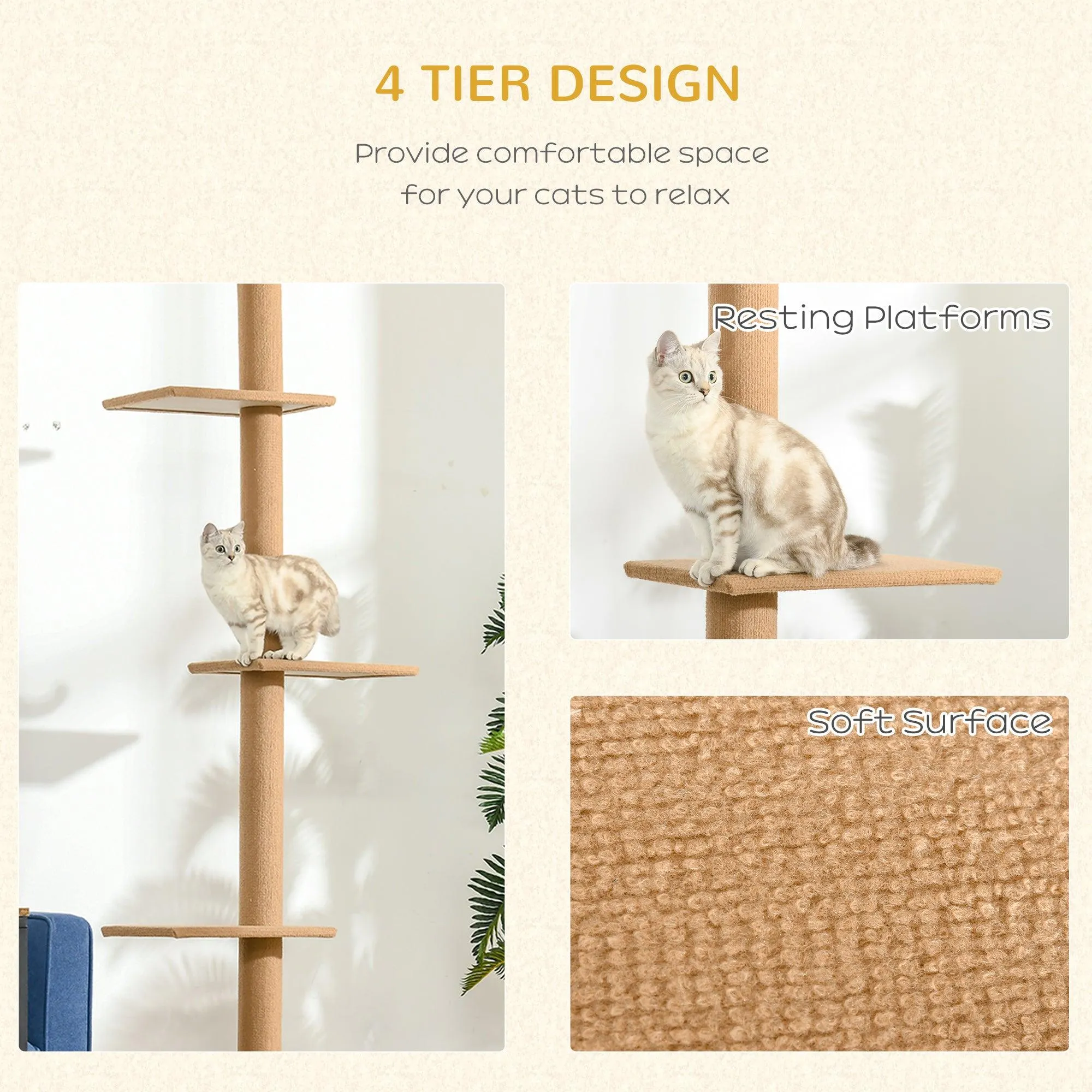 Floor-to-Ceiling Cat Tree, 260cm Tall - Brown