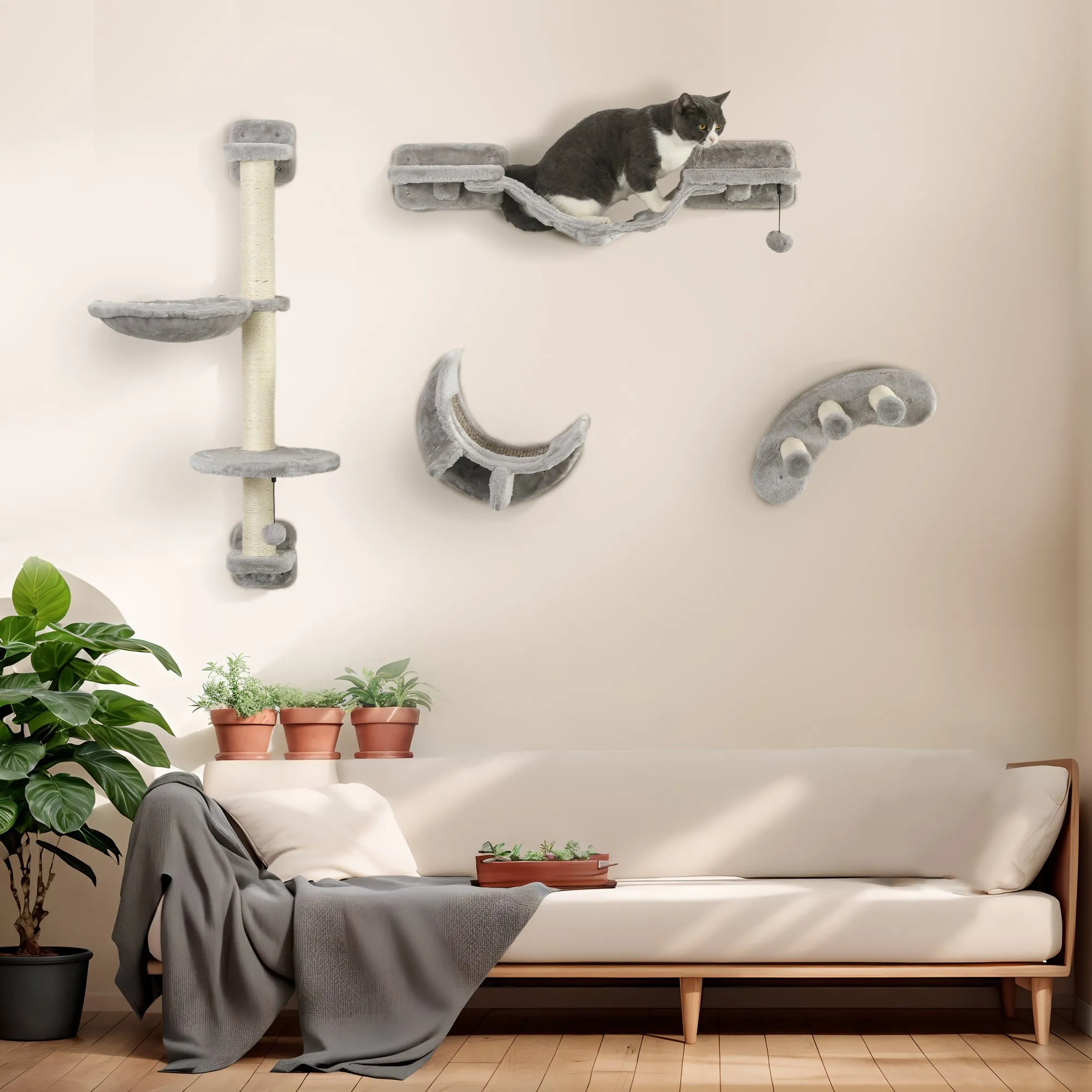 Four-Piece Cat Wall Furniture w/ Hammock, Ladder, Platforms, Steps - Grey