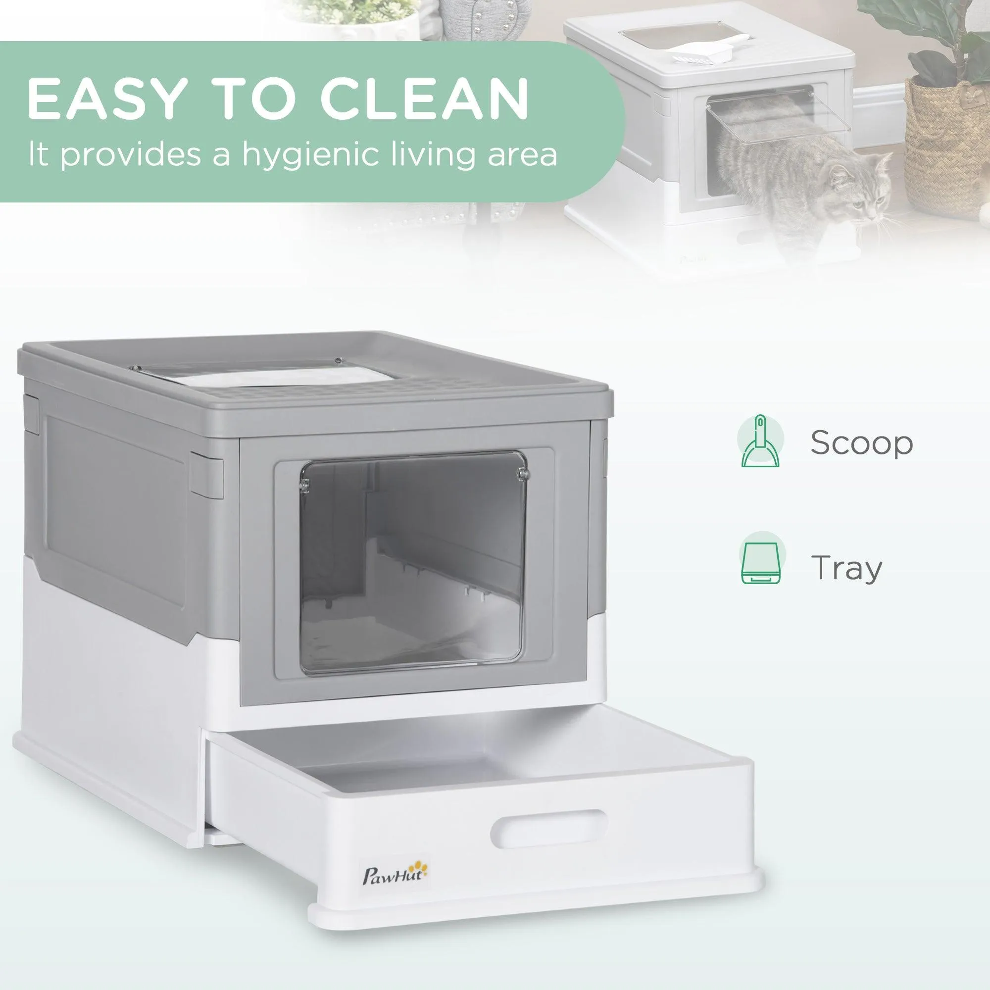 Hooded Cat Litter Box with Scoop - Grey & White
