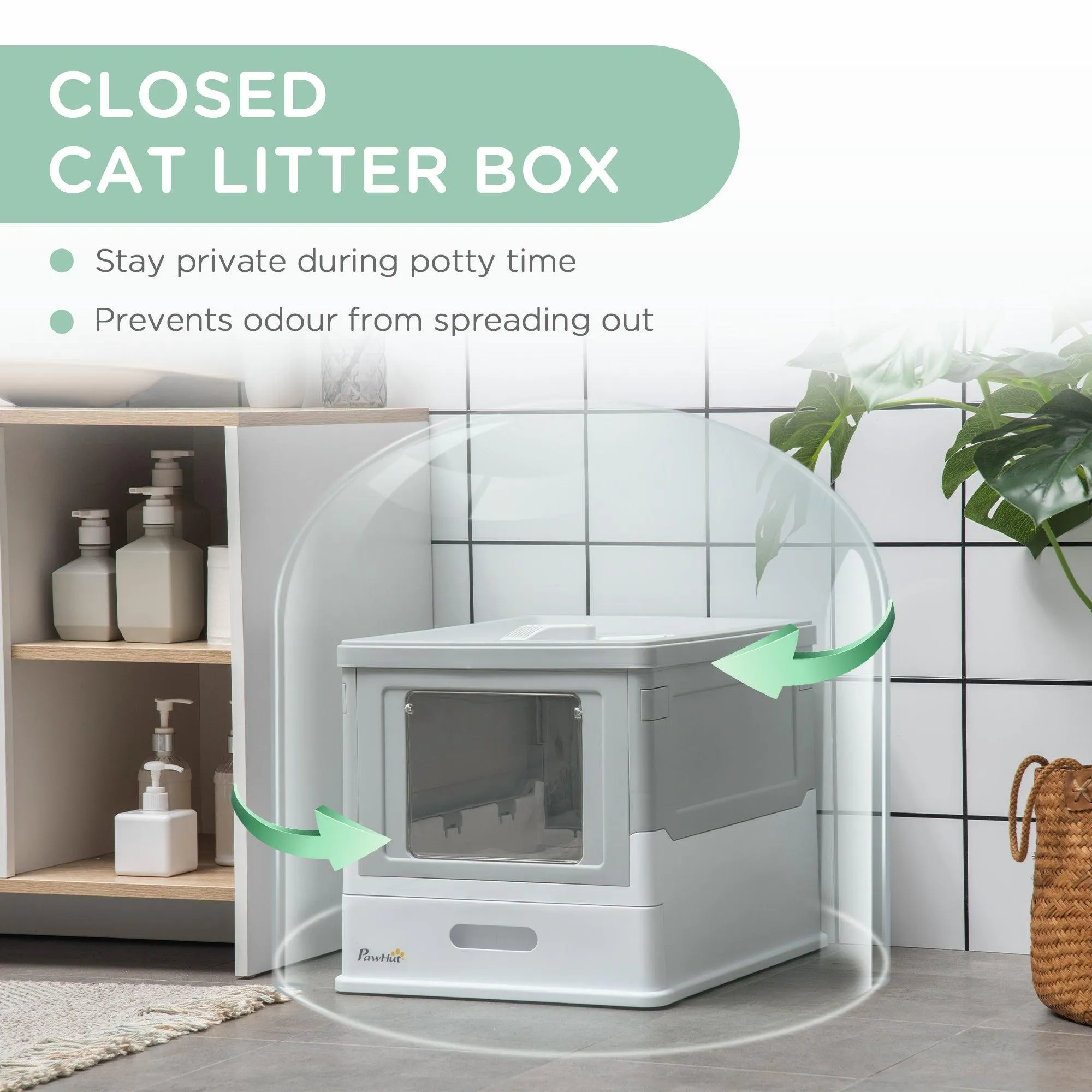 Hooded Cat Litter Box with Scoop - Grey & White