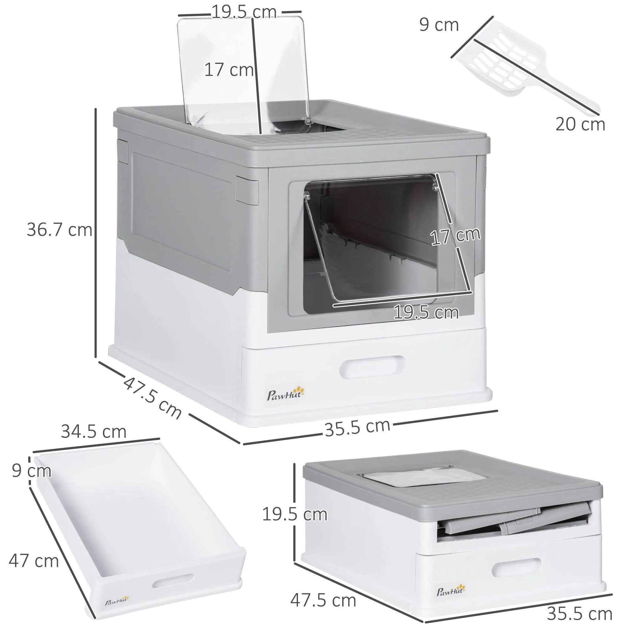 Hooded Cat Litter Box with Scoop - Grey & White