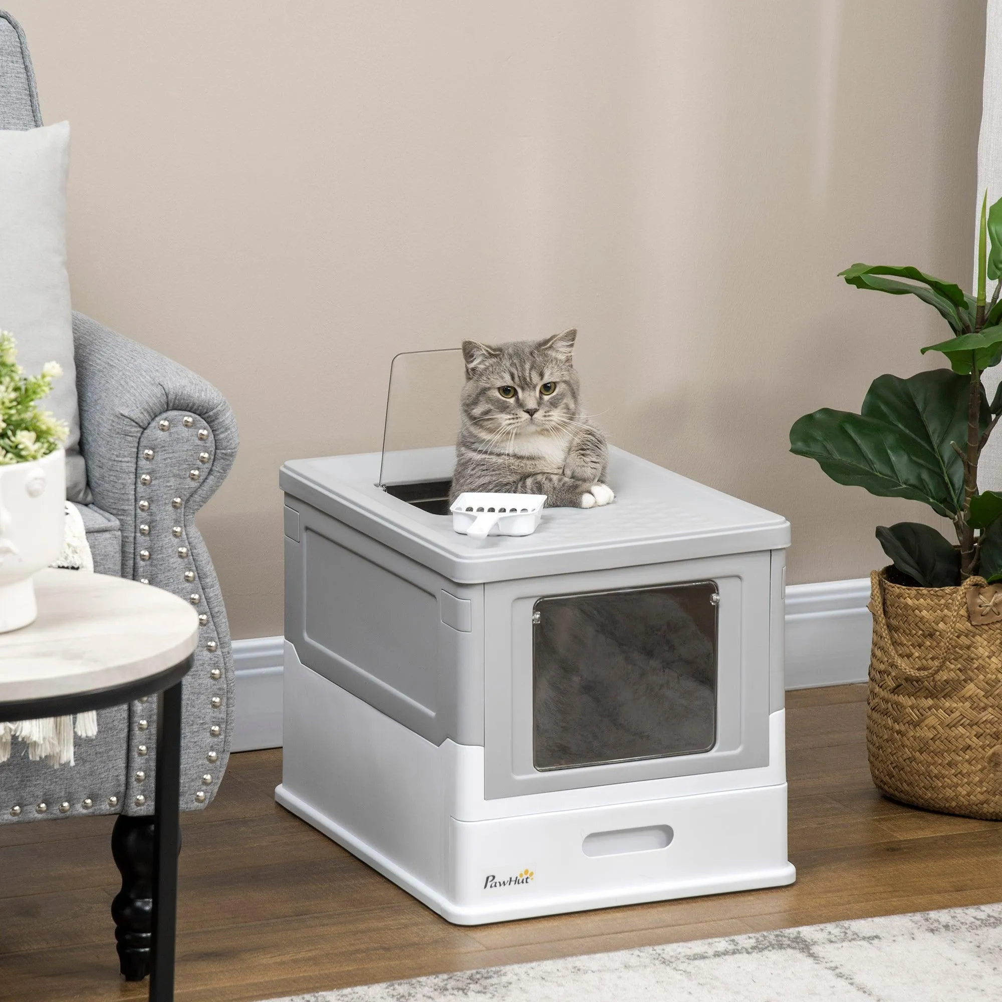 Hooded Cat Litter Box with Scoop - Grey & White