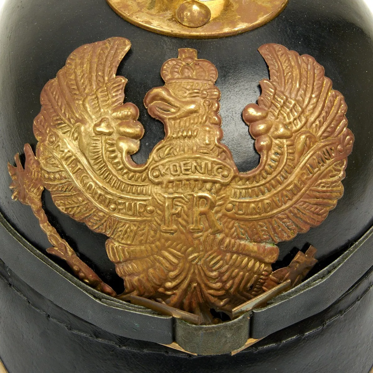 Imperial German Spiked Pickelhaube Helmet: Black & Gold- ANTIQUED GRADE 2