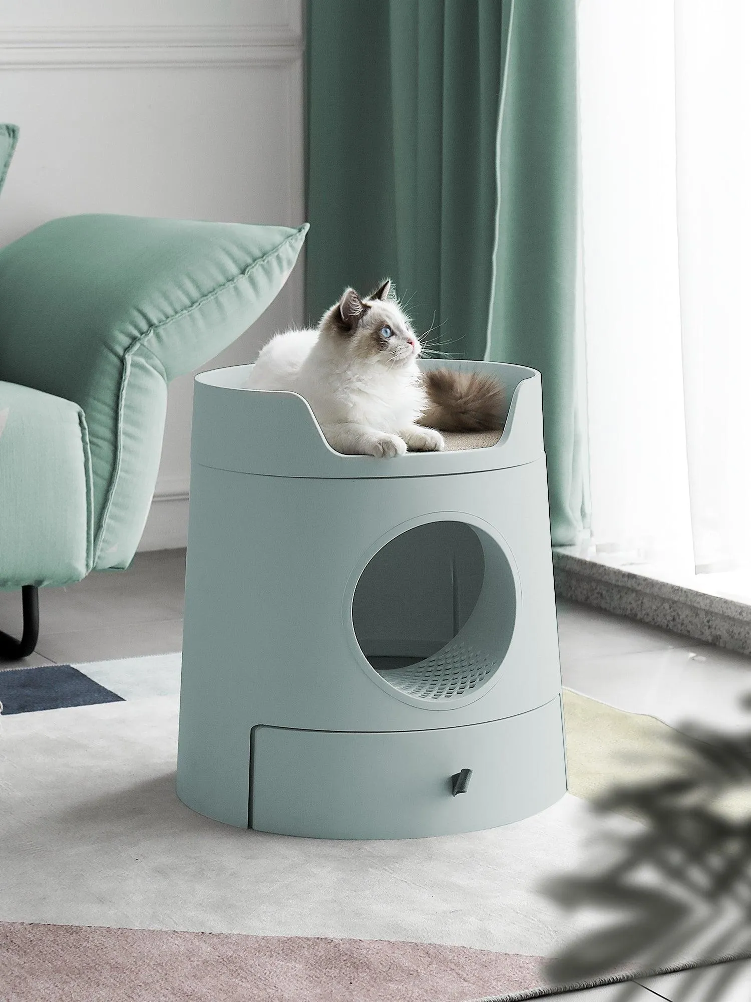 Michu XL Castle 2-in-1 Semi- Closed Cat Litter Box with Scratch Pad in Morandi Green Pre Order