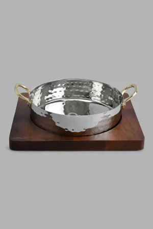 Silver Hammered Bowl With Wooden Base And Handles (2 Piece)