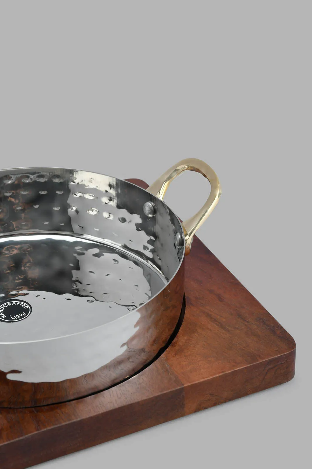 Silver Hammered Bowl With Wooden Base And Handles (2 Piece)