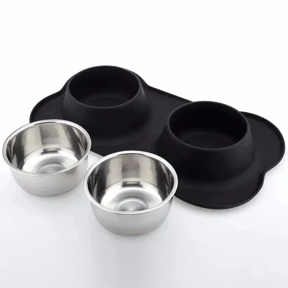Stainless Steel Dog Bowl with No-Spill Silicone Mat – Non-Skid Pet Feeder for Dogs & Cats