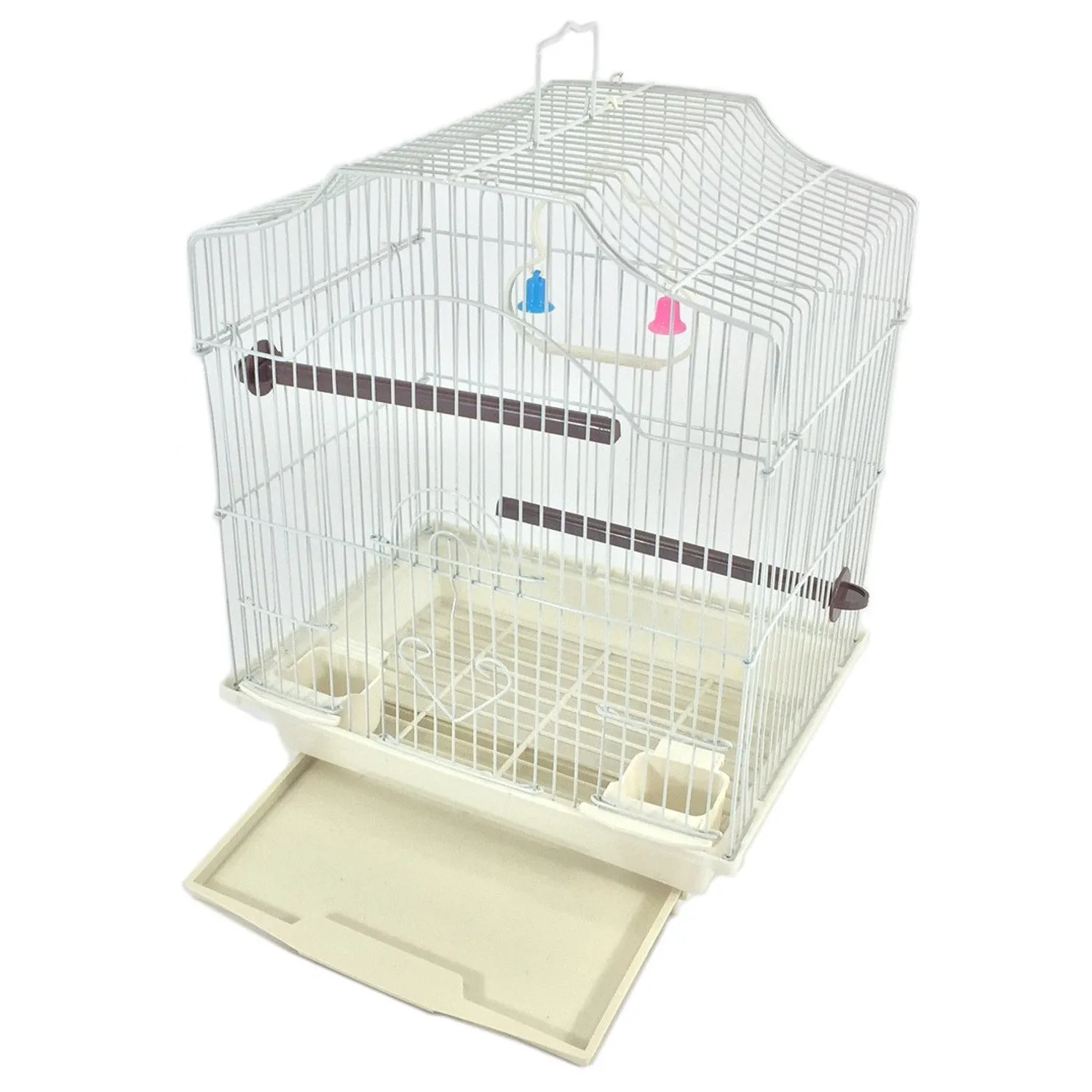White 14-inch Small Parakeet Wire Bird Cage for Budgie Parakeets Finches Canaries Lovebirds Small Quaker Parrots Cockatiels Green Cheek Conure perfect Bird Travel Cage and Hanging Bird House